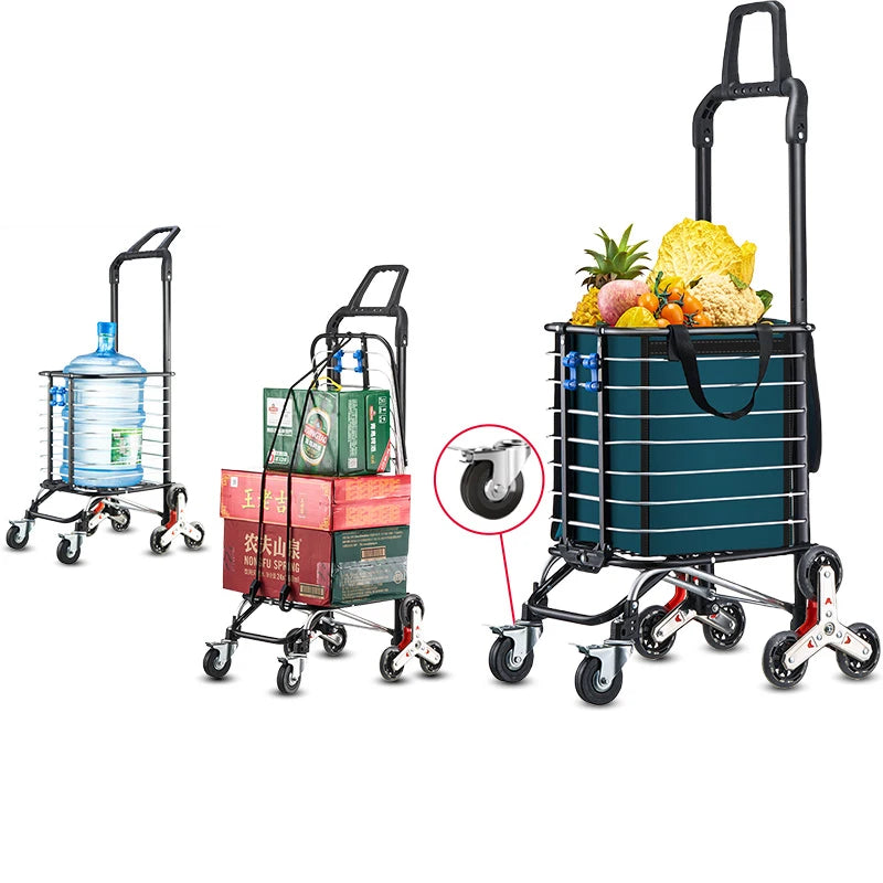 Aluminum Alloy Folding Grocery Cart Portable Shopping Trolley Lightweight Supermarket Food Folded Trolley Step Climbing Trolley