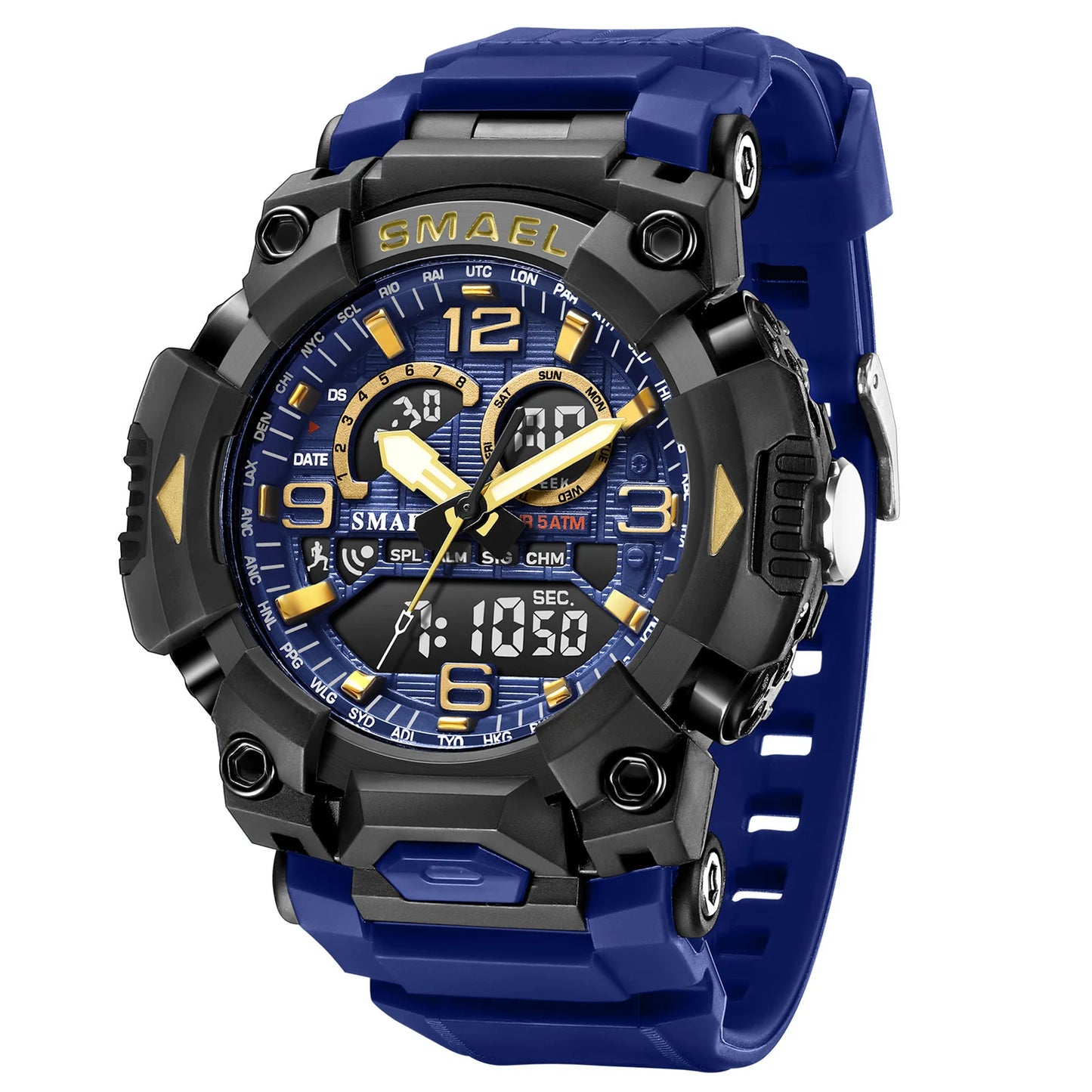 SMAEL Fashion Sports Casual Electronic Man Watch Dual Digital Display Silicone Strap Luminous Waterproof Alarm Watches for Men