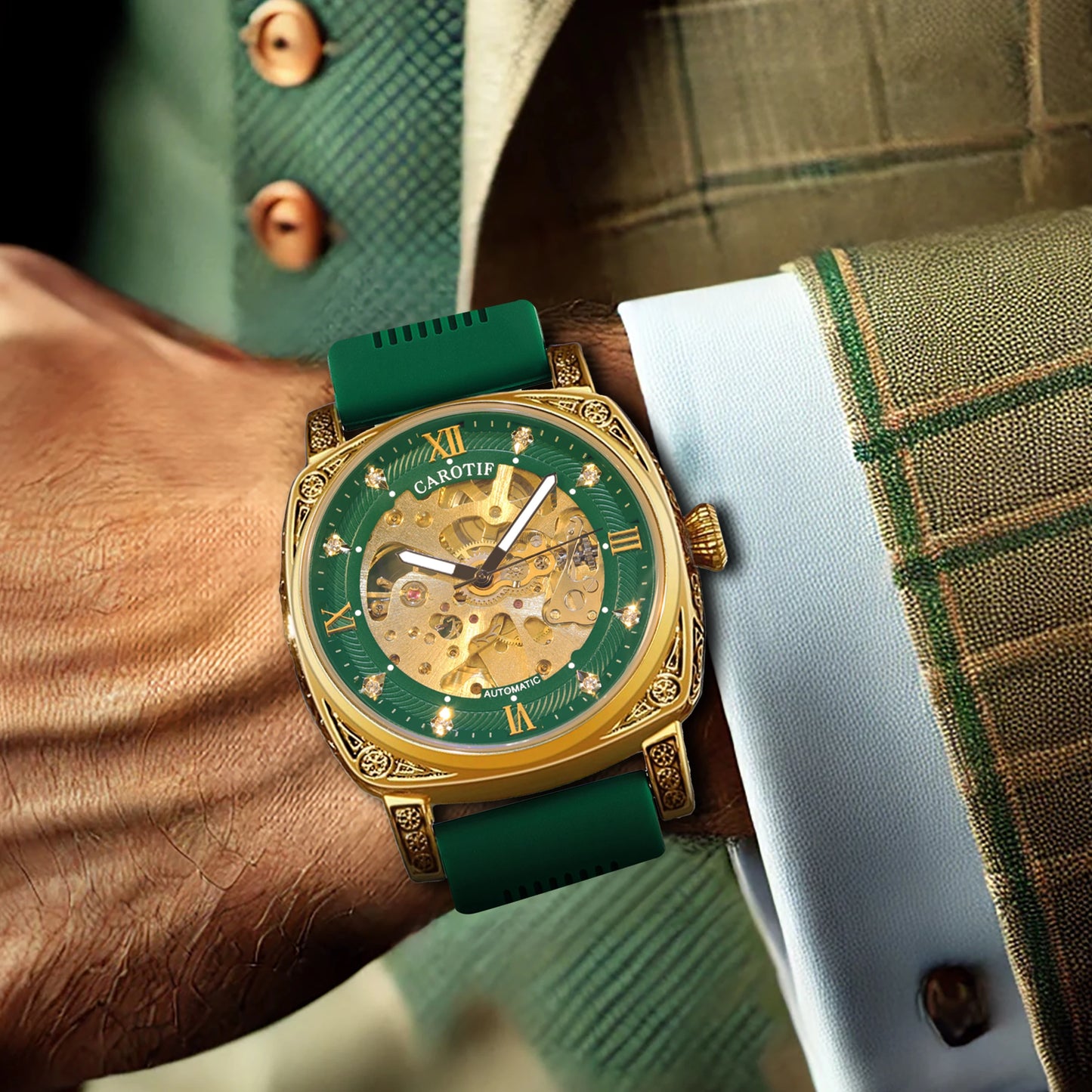 New Men’s Automatic Mechanical Watch – Elegant Gold & Green Strap, Fashionable Style with Night Light & Carved Pattern