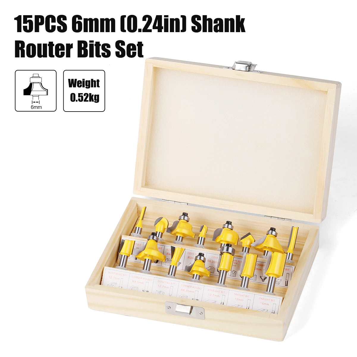 15PCS 1/4in 1/2in 6mm 8mm Shank Router Bit Set Trimming Straight Beading Milling Cutter Carbide Cutting Woodworking Tools