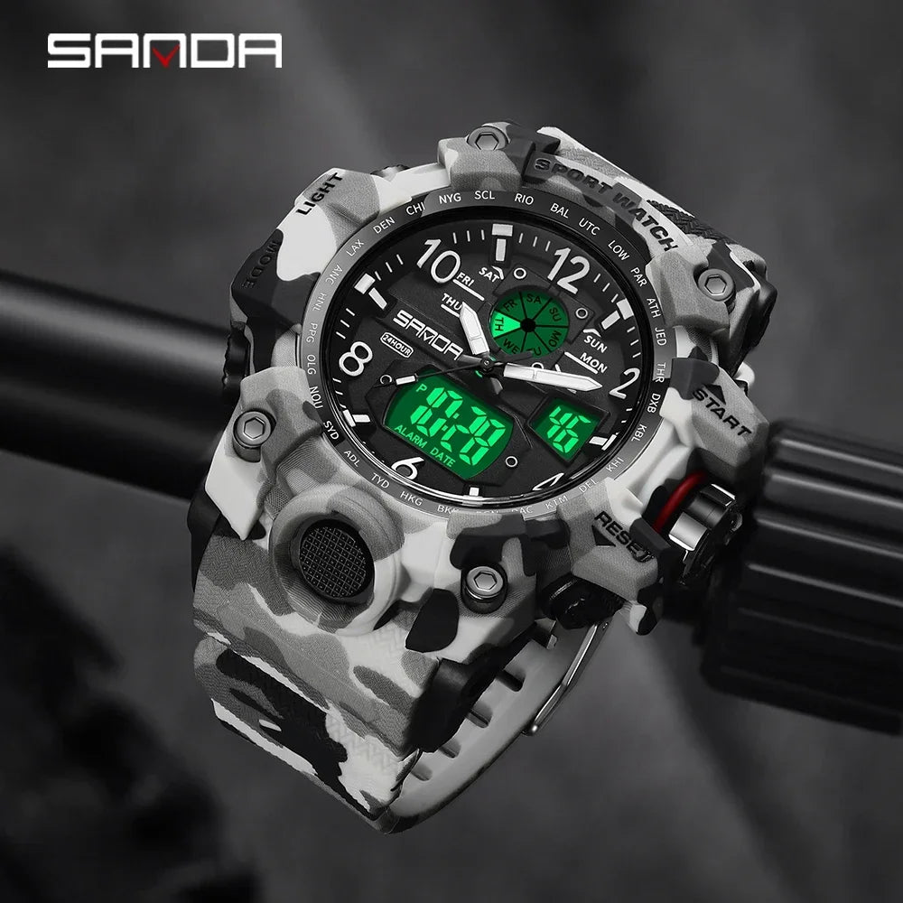 SANDA 3358Outdoor Electron Male Wristwatch Display Quartz Men Clock Sports Military Mens Watch Camouflage LED Digital Watch