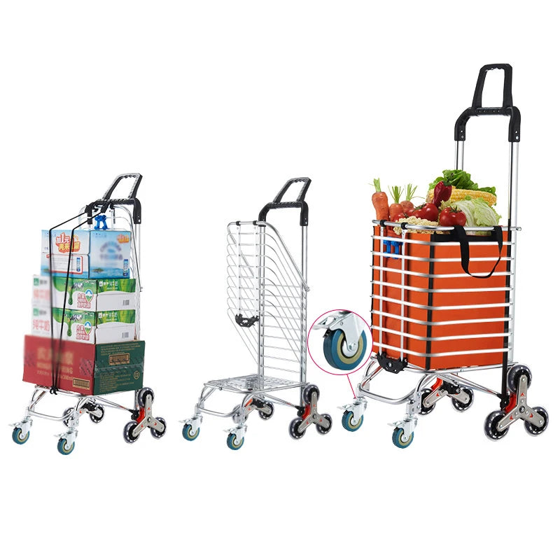 Aluminum Alloy Folding Grocery Cart Portable Shopping Trolley Lightweight Supermarket Food Folded Trolley Step Climbing Trolley