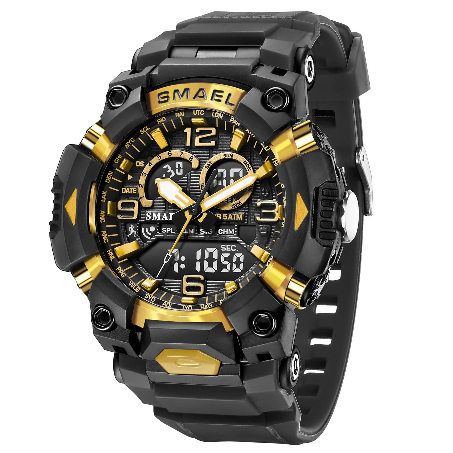 SMAEL Fashion Sports Casual Electronic Man Watch Dual Digital Display Silicone Strap Luminous Waterproof Alarm Watches for Men