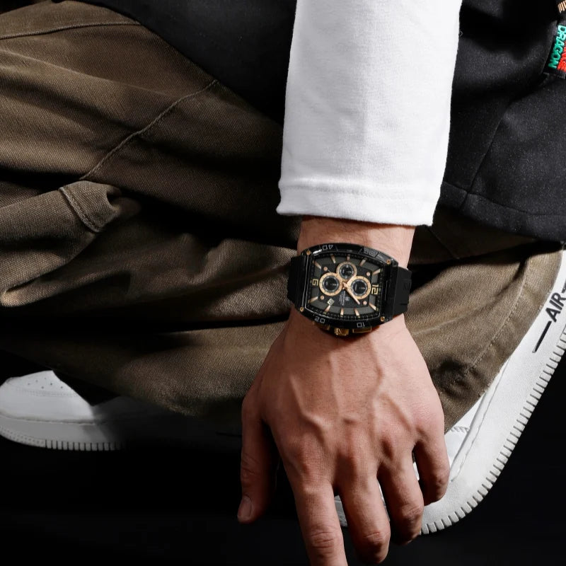 Casual Men’s Quartz Watch – Tonneau Dial with Luminous Display, Waterproof Silicone Strap | Outdoor Sports Fashion Watch