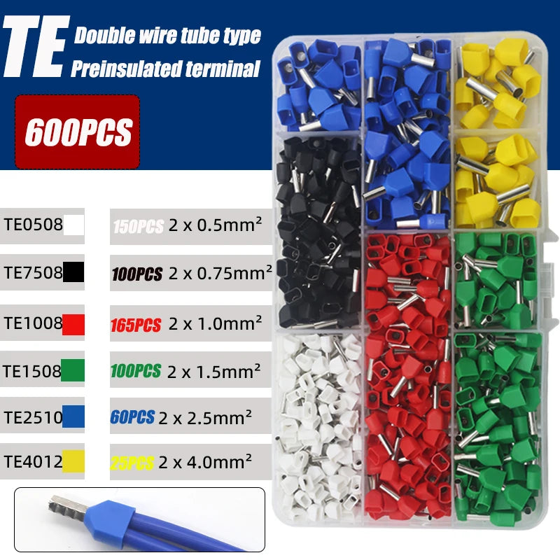 130/380/600PCS TE double wire tube type pre-insulated terminal European pin type cold pressed terminal pin type copper tube end