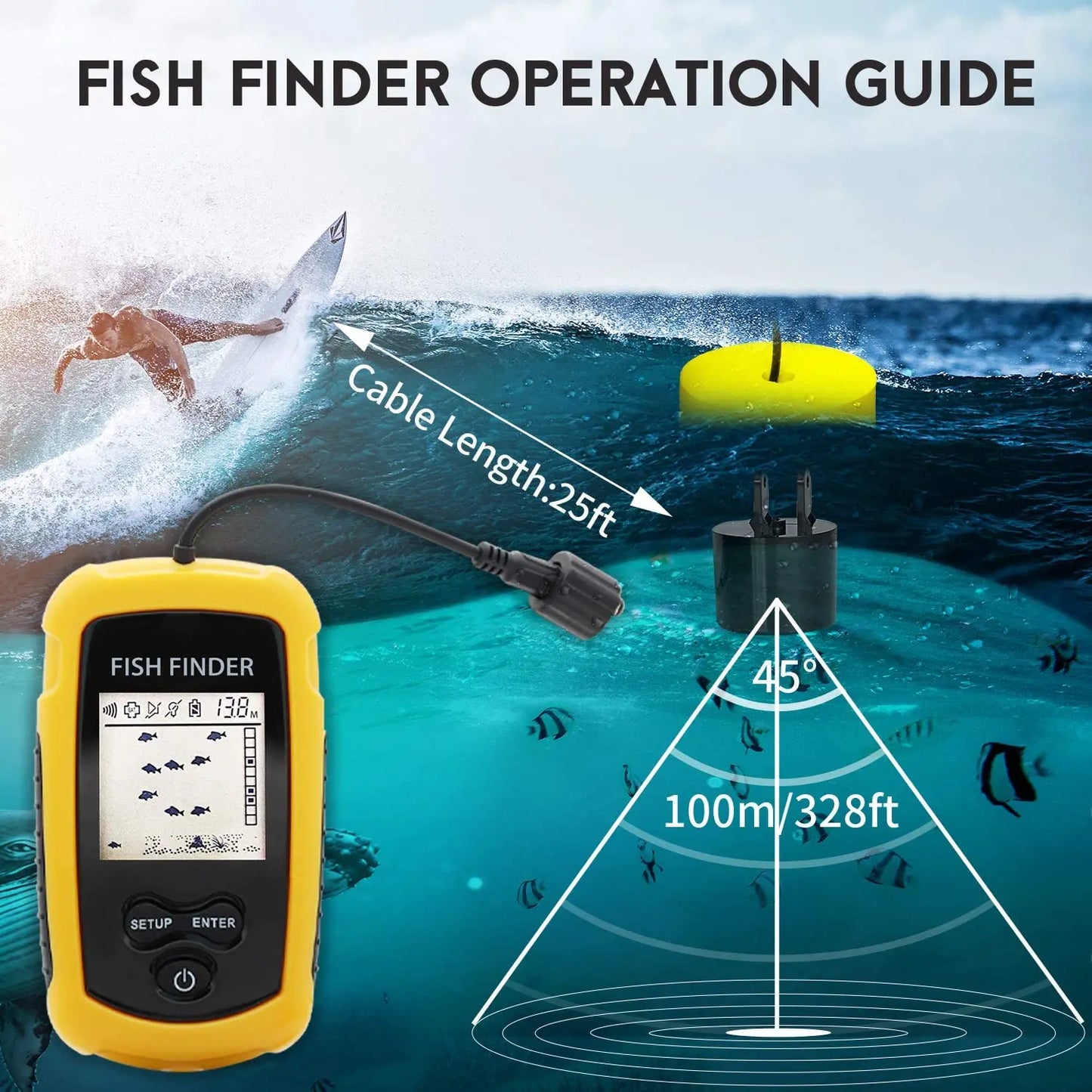 100M Portable Sonar Fish Finder – 45° Coverage Echo Sounder with Alarm for Lake & Sea Fishing