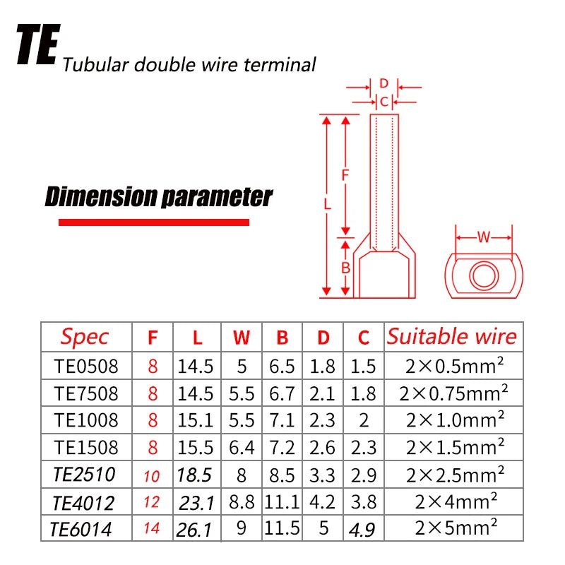 130/380/600PCS TE double wire tube type pre-insulated terminal European pin type cold pressed terminal pin type copper tube end