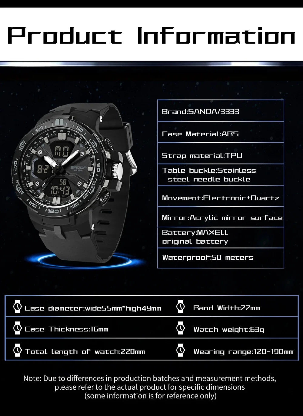 SANDA New 3333 Fashion Men's Electronic Watch Outdoor Sports Multi functional Waterproof LED Student Digital Electronic Watch