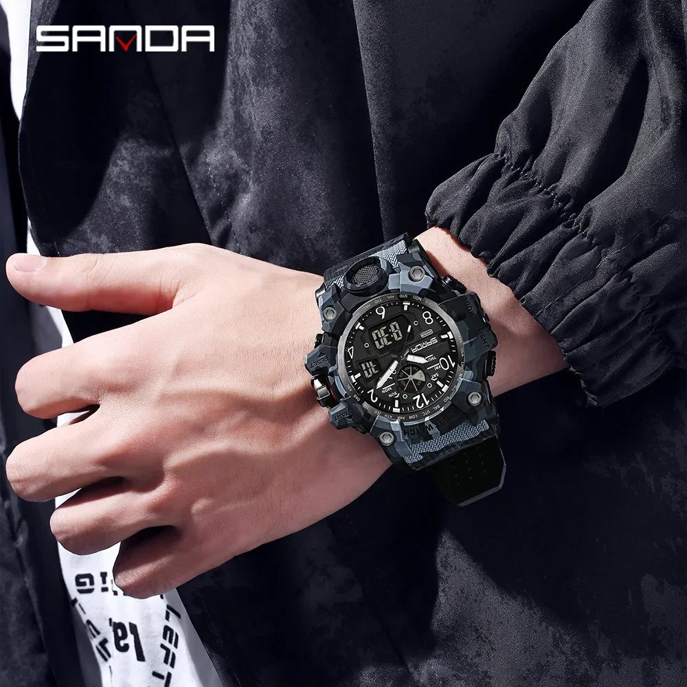 SANDA 3358Outdoor Electron Male Wristwatch Display Quartz Men Clock Sports Military Mens Watch Camouflage LED Digital Watch