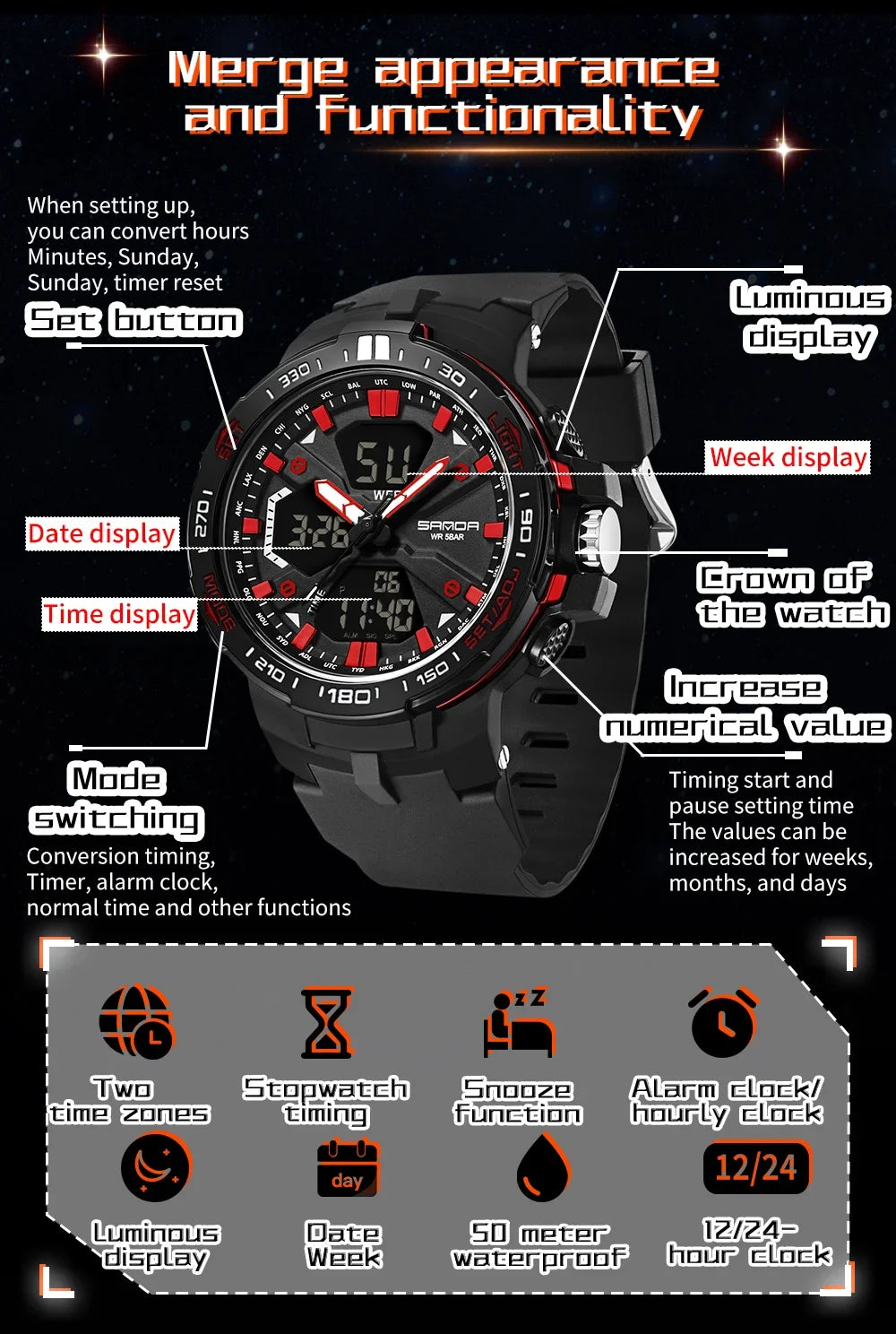 SANDA New 3333 Fashion Men's Electronic Watch Outdoor Sports Multi functional Waterproof LED Student Digital Electronic Watch