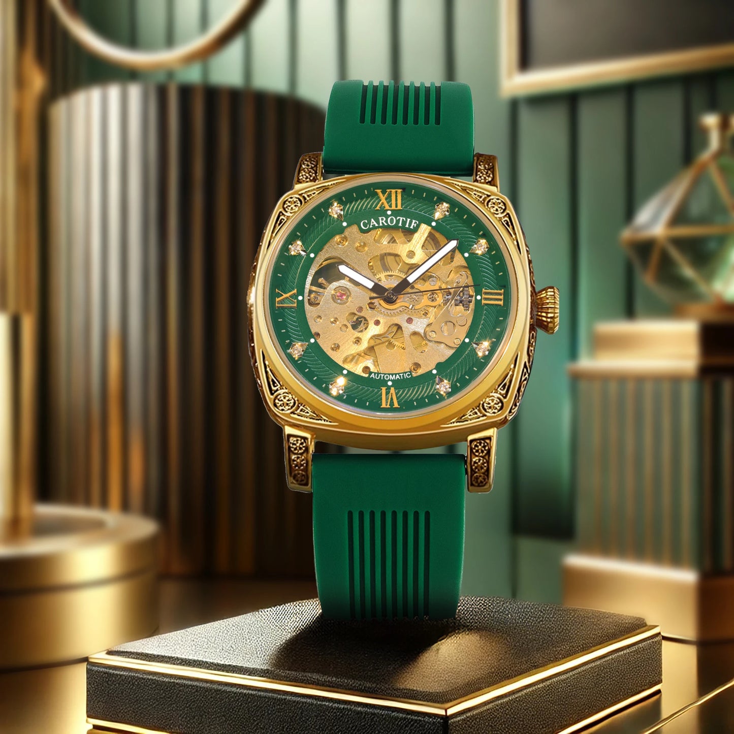 New Men’s Automatic Mechanical Watch – Elegant Gold & Green Strap, Fashionable Style with Night Light & Carved Pattern