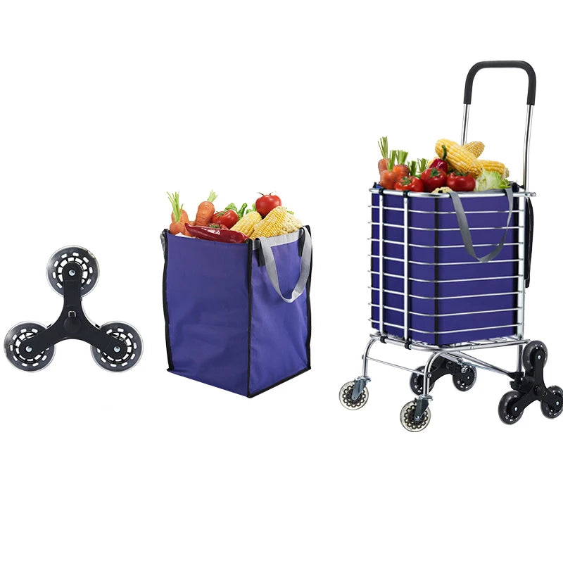 Aluminum Alloy Folding Grocery Cart Portable Shopping Trolley Lightweight Supermarket Food Folded Trolley Step Climbing Trolley