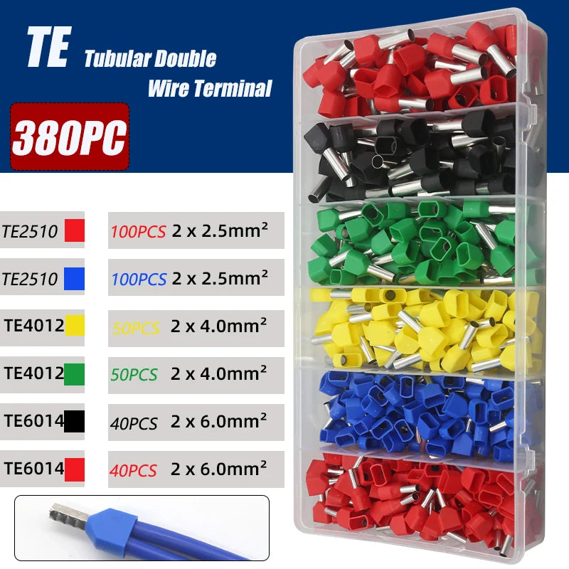 130/380/600PCS TE double wire tube type pre-insulated terminal European pin type cold pressed terminal pin type copper tube end