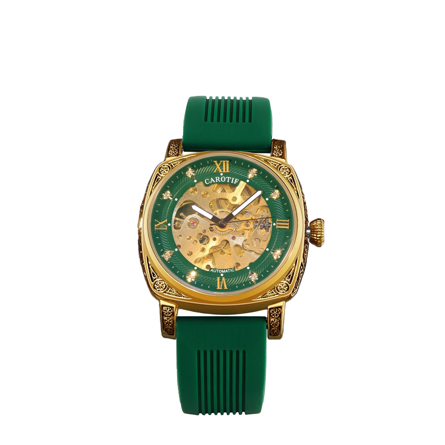New Men’s Automatic Mechanical Watch – Elegant Gold & Green Strap, Fashionable Style with Night Light & Carved Pattern