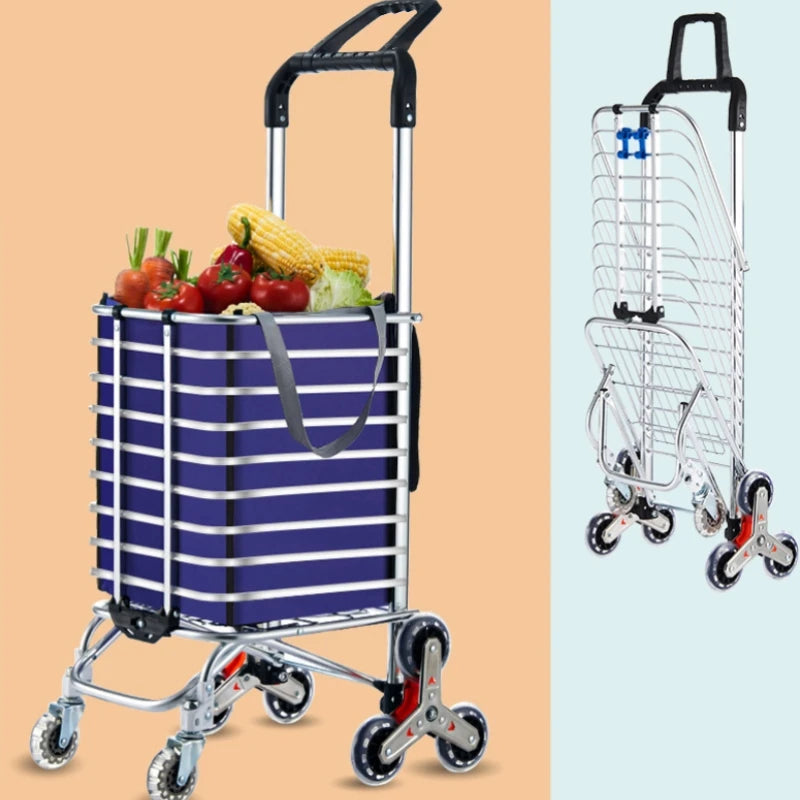 Aluminum Alloy Folding Grocery Cart Portable Shopping Trolley Lightweight Supermarket Food Folded Trolley Step Climbing Trolley