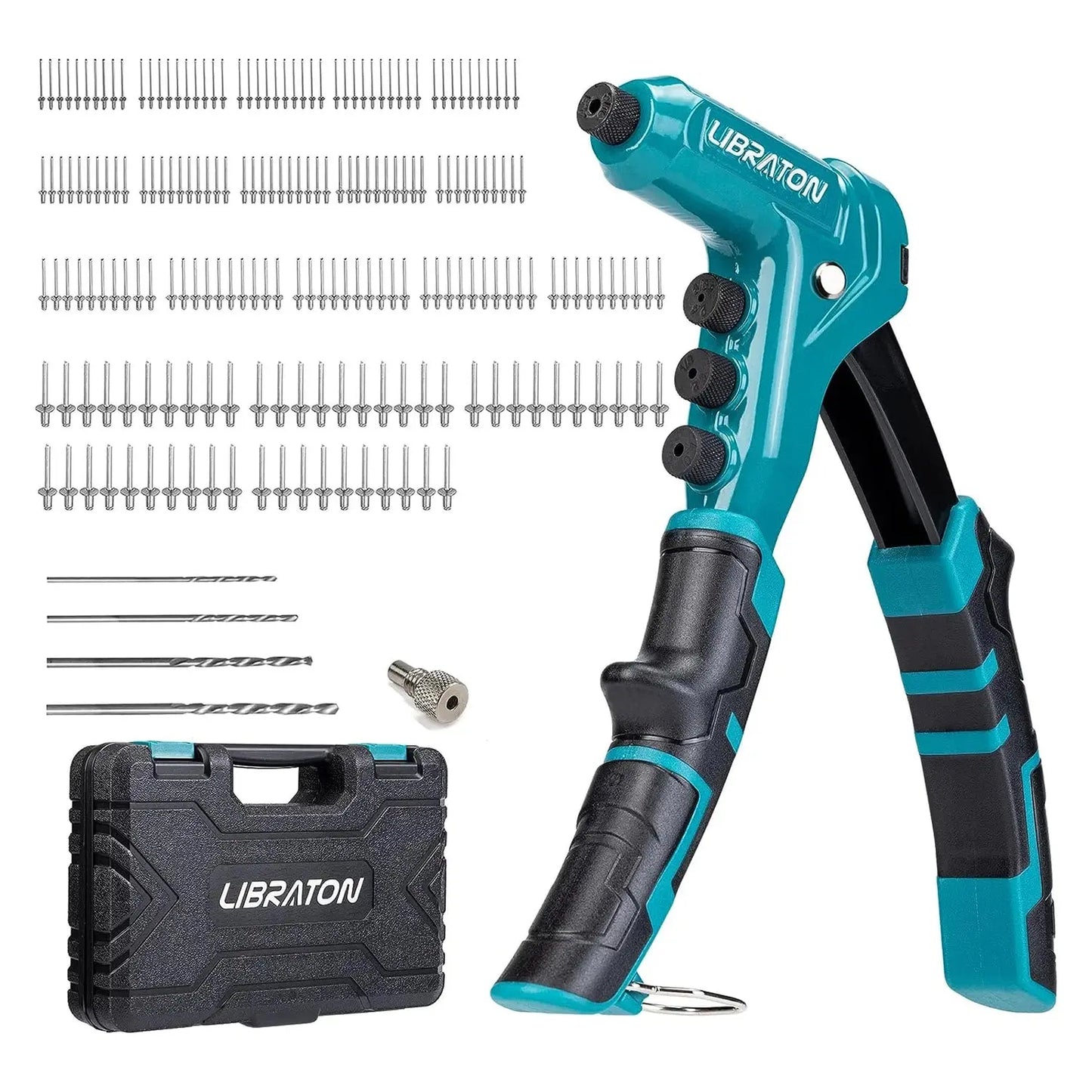 One-Handed Rivet Gun Professional Hand Riveter Pop Rivet Gun Set 4 in 1 Riveting Tool with 200 Rivet - 3/32" 1/8" 5/32" 3/16"