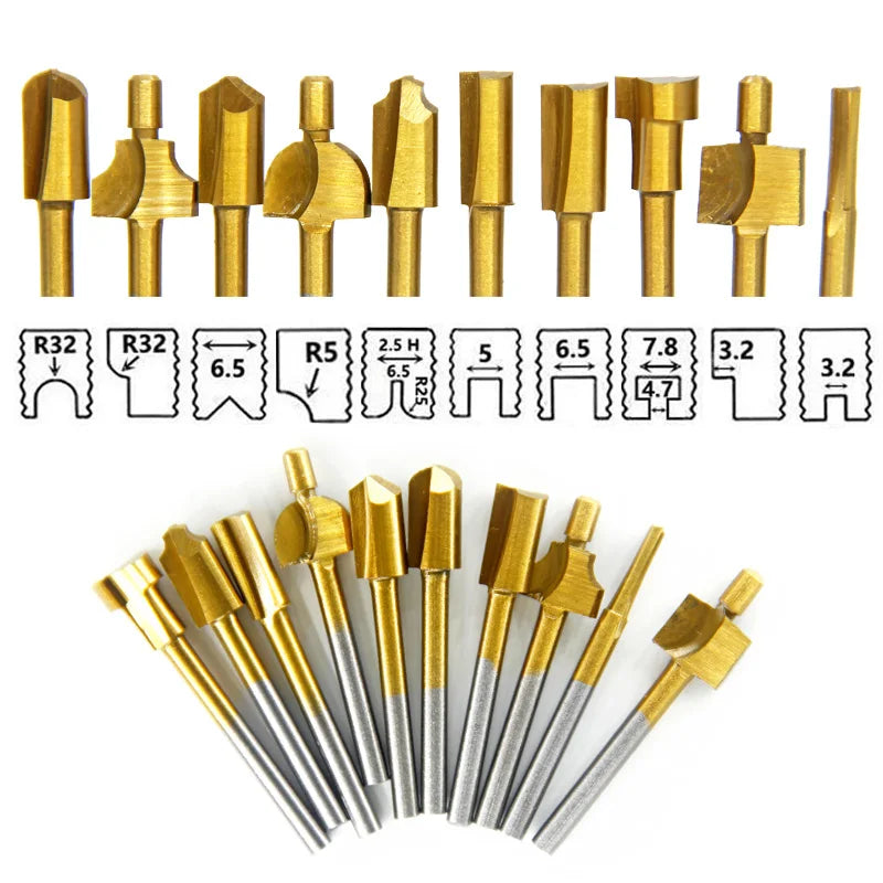 10pcs HSS Router Bits Wood Cutter Milling Fits Dremel Rotary Tool Set 1/8" 3mm Shank Carpentry Router Bits For Rotary Tools DIY