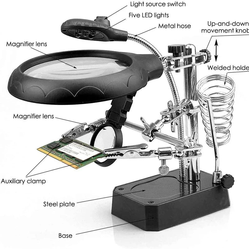 3-in-1 Welding Magnifying Glass with LED Light – Auxiliary Clip Loupe, Soldering Iron Stand & Holder Station
