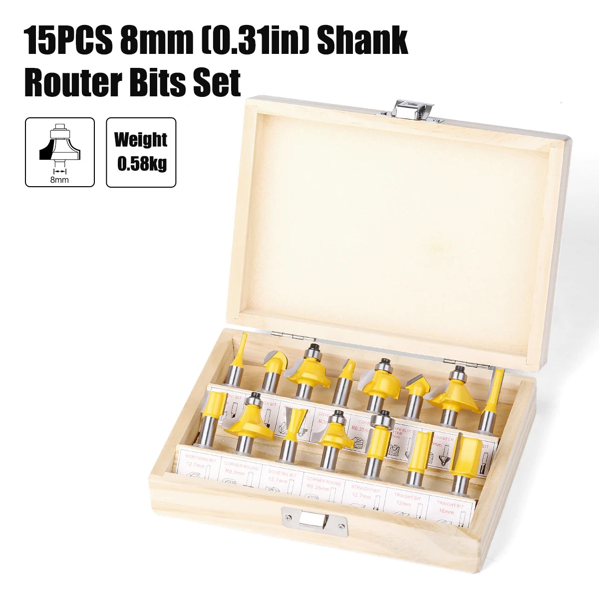 15PCS 1/4in 1/2in 6mm 8mm Shank Router Bit Set Trimming Straight Beading Milling Cutter Carbide Cutting Woodworking Tools