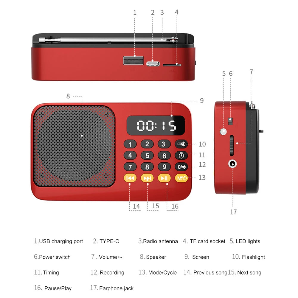 Portable Radio Music Player Handheld Rechargeable Digital FM USB TF MP3 Player Speaker Devices Supplies With LED Display Radio 