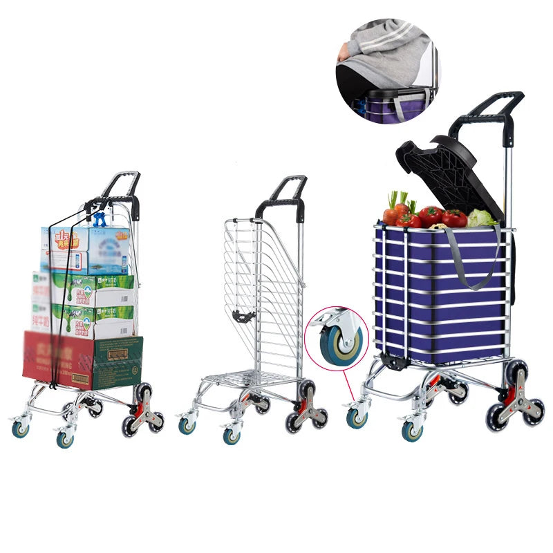 Aluminum Alloy Folding Grocery Cart Portable Shopping Trolley Lightweight Supermarket Food Folded Trolley Step Climbing Trolley