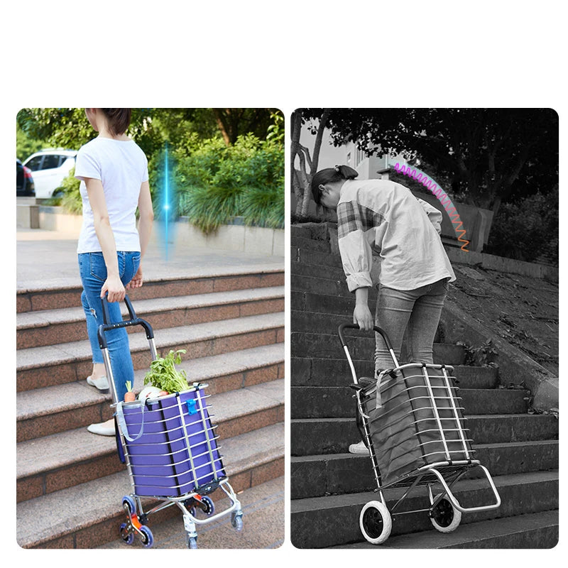 Aluminum Alloy Folding Grocery Cart Portable Shopping Trolley Lightweight Supermarket Food Folded Trolley Step Climbing Trolley