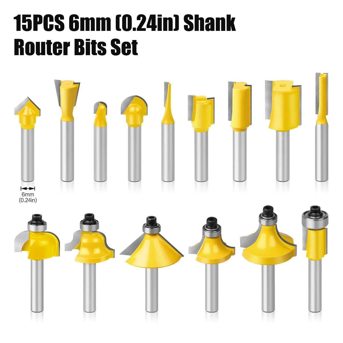 15PCS 1/4in 1/2in 6mm 8mm Shank Router Bit Set Trimming Straight Beading Milling Cutter Carbide Cutting Woodworking Tools