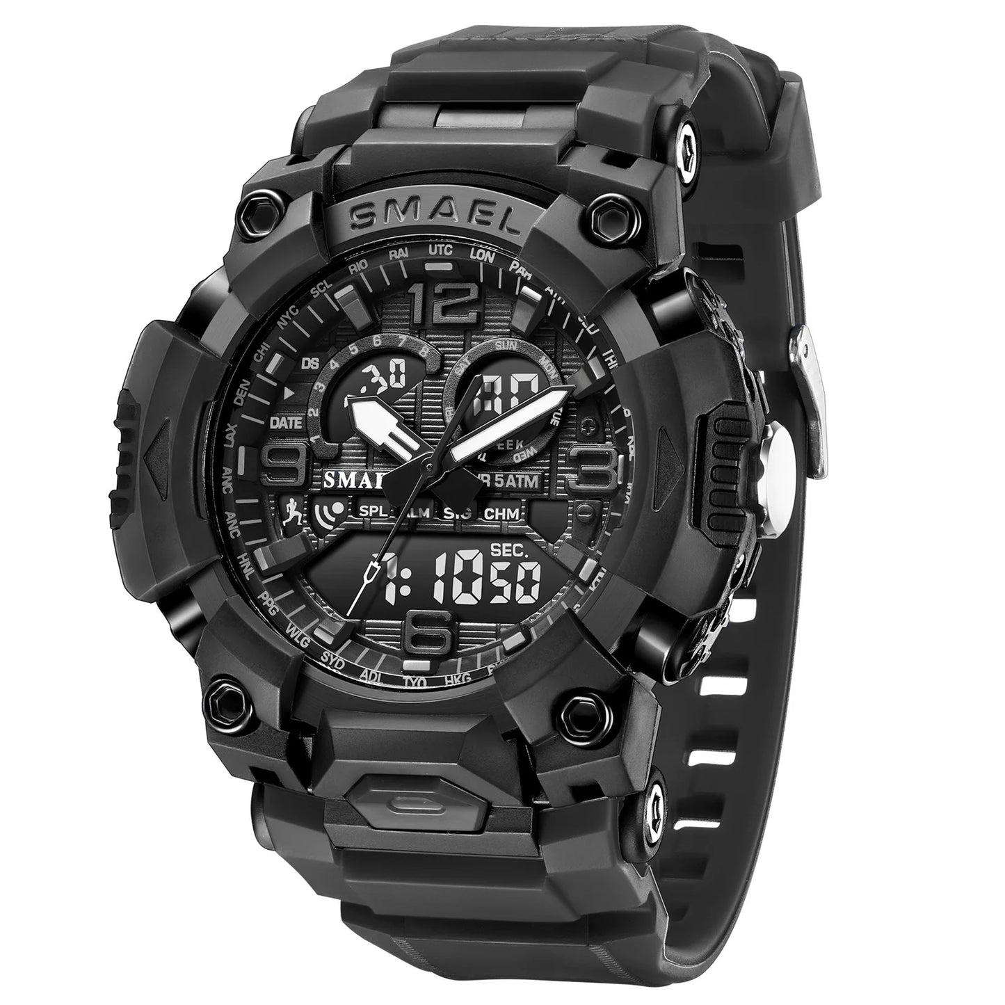 SMAEL Fashion Sports Casual Electronic Man Watch Dual Digital Display Silicone Strap Luminous Waterproof Alarm Watches for Men
