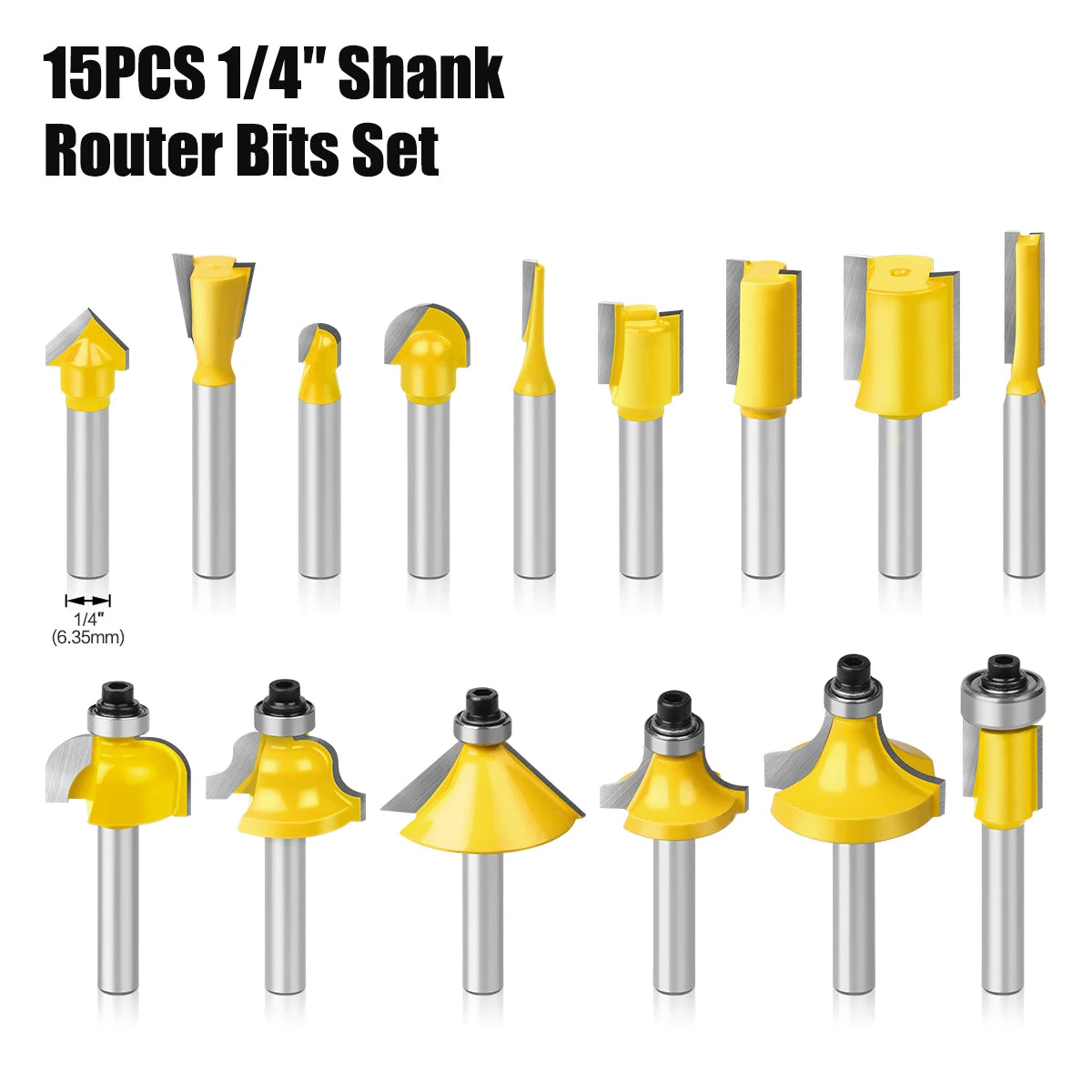 15PCS 1/4in 1/2in 6mm 8mm Shank Router Bit Set Trimming Straight Beading Milling Cutter Carbide Cutting Woodworking Tools