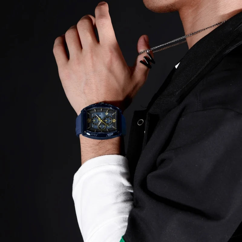 Casual Men’s Quartz Watch – Tonneau Dial with Luminous Display, Waterproof Silicone Strap | Outdoor Sports Fashion Watch