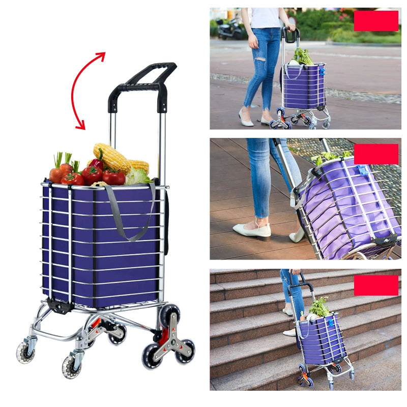 Aluminum Alloy Folding Grocery Cart Portable Shopping Trolley Lightweight Supermarket Food Folded Trolley Step Climbing Trolley