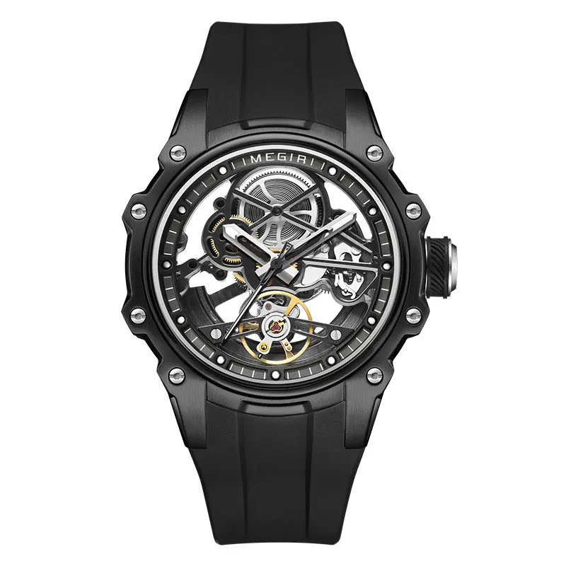 MEGIR Men's Skeleton Automatic Mechanical Watch – Luminous Waterproof Sport Wristwatch with Stainless Steel Case & Silicone Strap