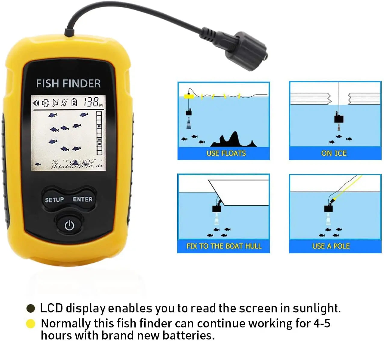100M Portable Sonar Fish Finder – 45° Coverage Echo Sounder with Alarm for Lake & Sea Fishing