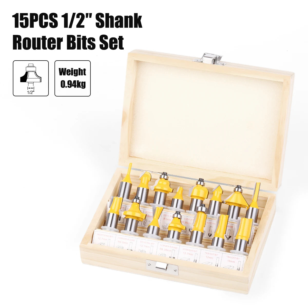 15PCS 1/4in 1/2in 6mm 8mm Shank Router Bit Set Trimming Straight Beading Milling Cutter Carbide Cutting Woodworking Tools