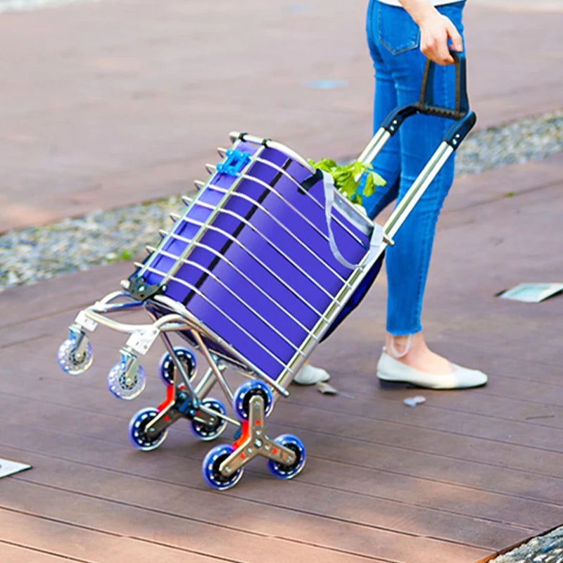 Aluminum Alloy Folding Grocery Cart Portable Shopping Trolley Lightweight Supermarket Food Folded Trolley Step Climbing Trolley
