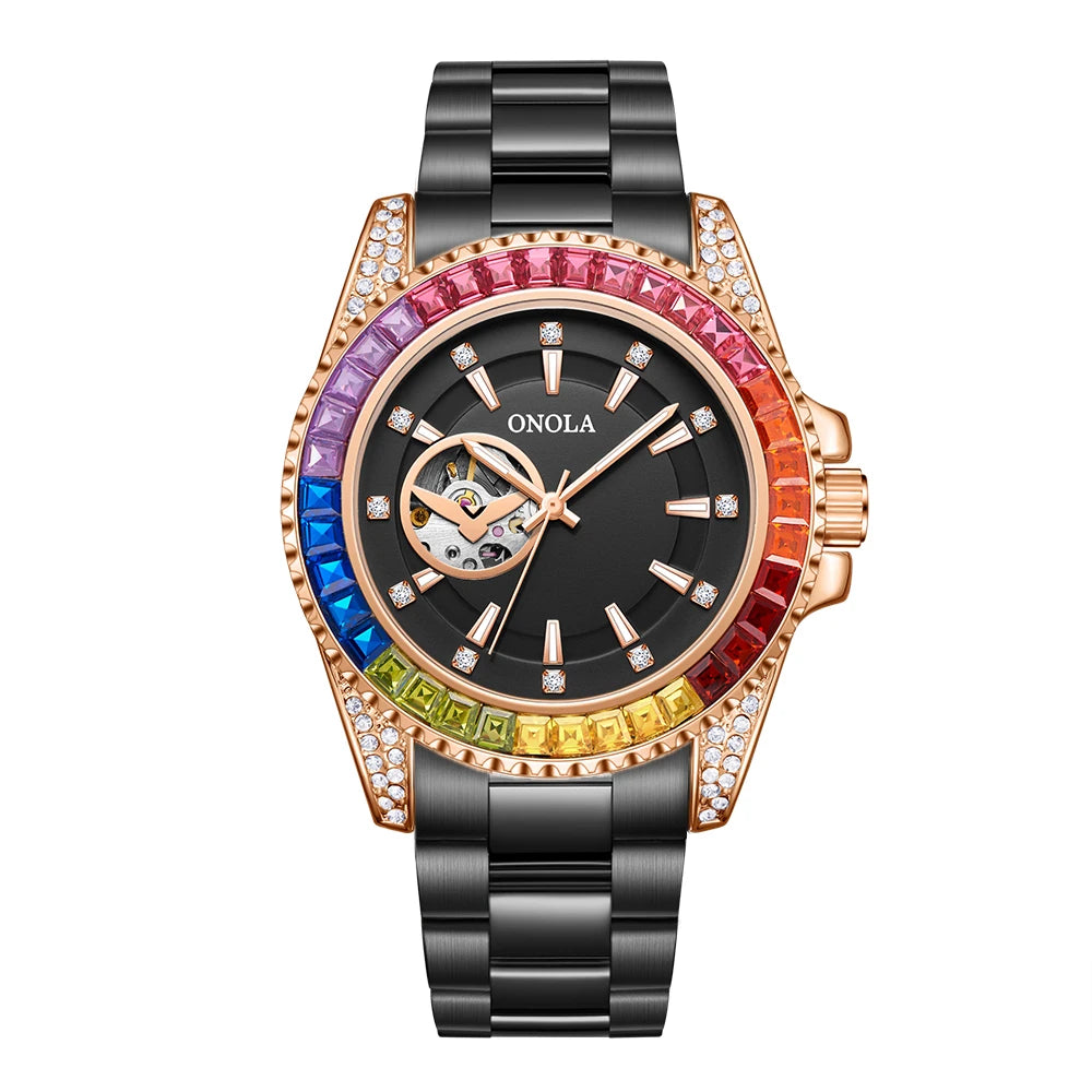 Fashion Colored Diamond Hollowed Out Watch for Men ONOLA Fully Automatic Mechanical Precision Strap for Men's Watch Clock