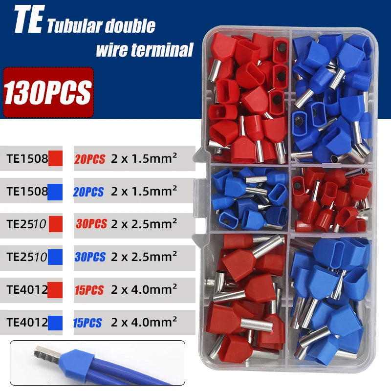 130/380/600PCS TE double wire tube type pre-insulated terminal European pin type cold pressed terminal pin type copper tube end