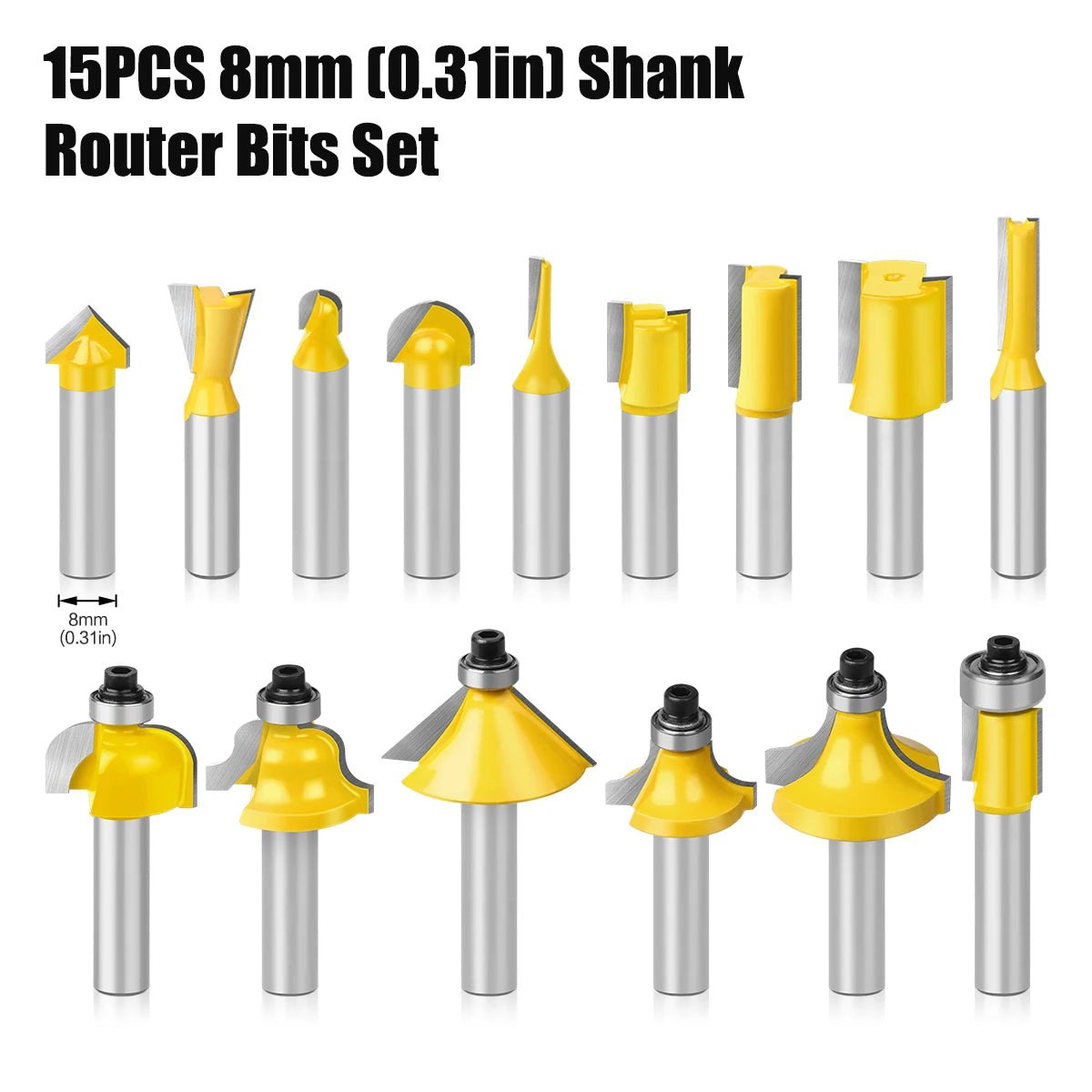 15PCS 1/4in 1/2in 6mm 8mm Shank Router Bit Set Trimming Straight Beading Milling Cutter Carbide Cutting Woodworking Tools