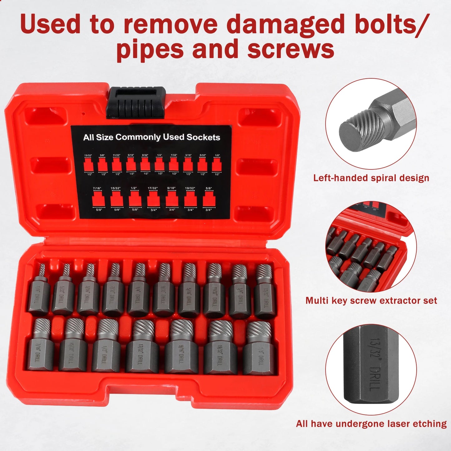 17Pcs Damaged Screw Extractor Drill Bit Set Hex Head Easy Out Bolt Extractor Spiral Broken Screw Remover Tool for Nuts Bolts