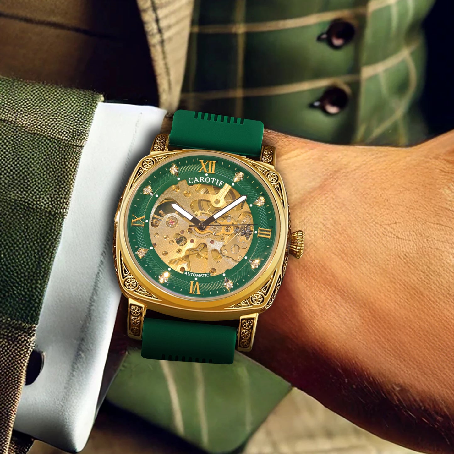 New Men’s Automatic Mechanical Watch – Elegant Gold & Green Strap, Fashionable Style with Night Light & Carved Pattern