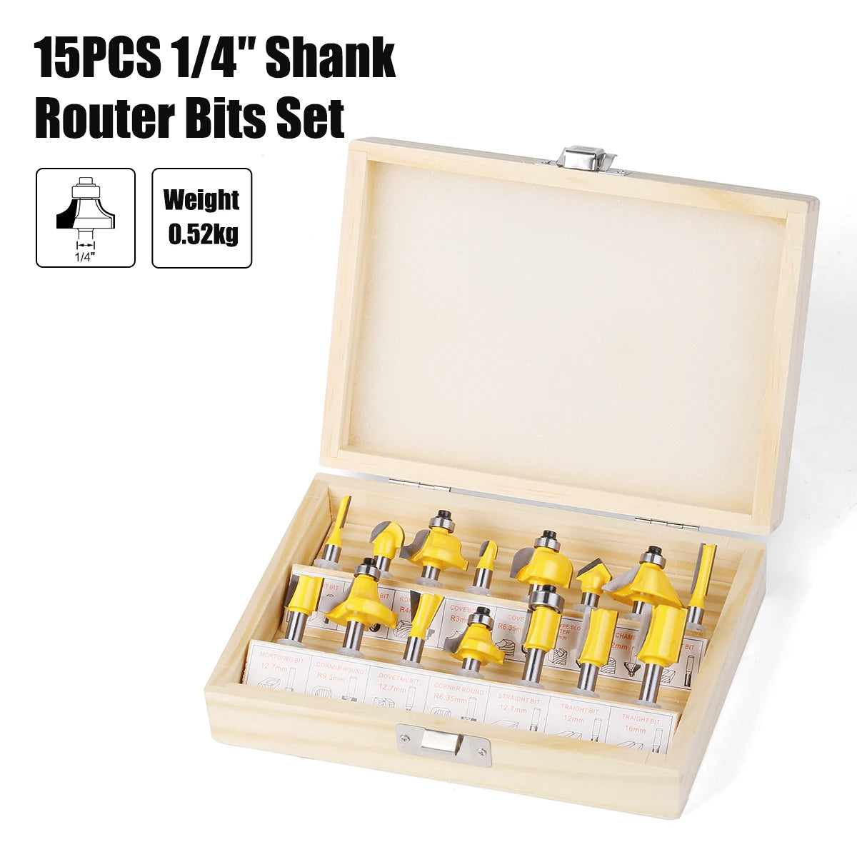15PCS 1/4in 1/2in 6mm 8mm Shank Router Bit Set Trimming Straight Beading Milling Cutter Carbide Cutting Woodworking Tools