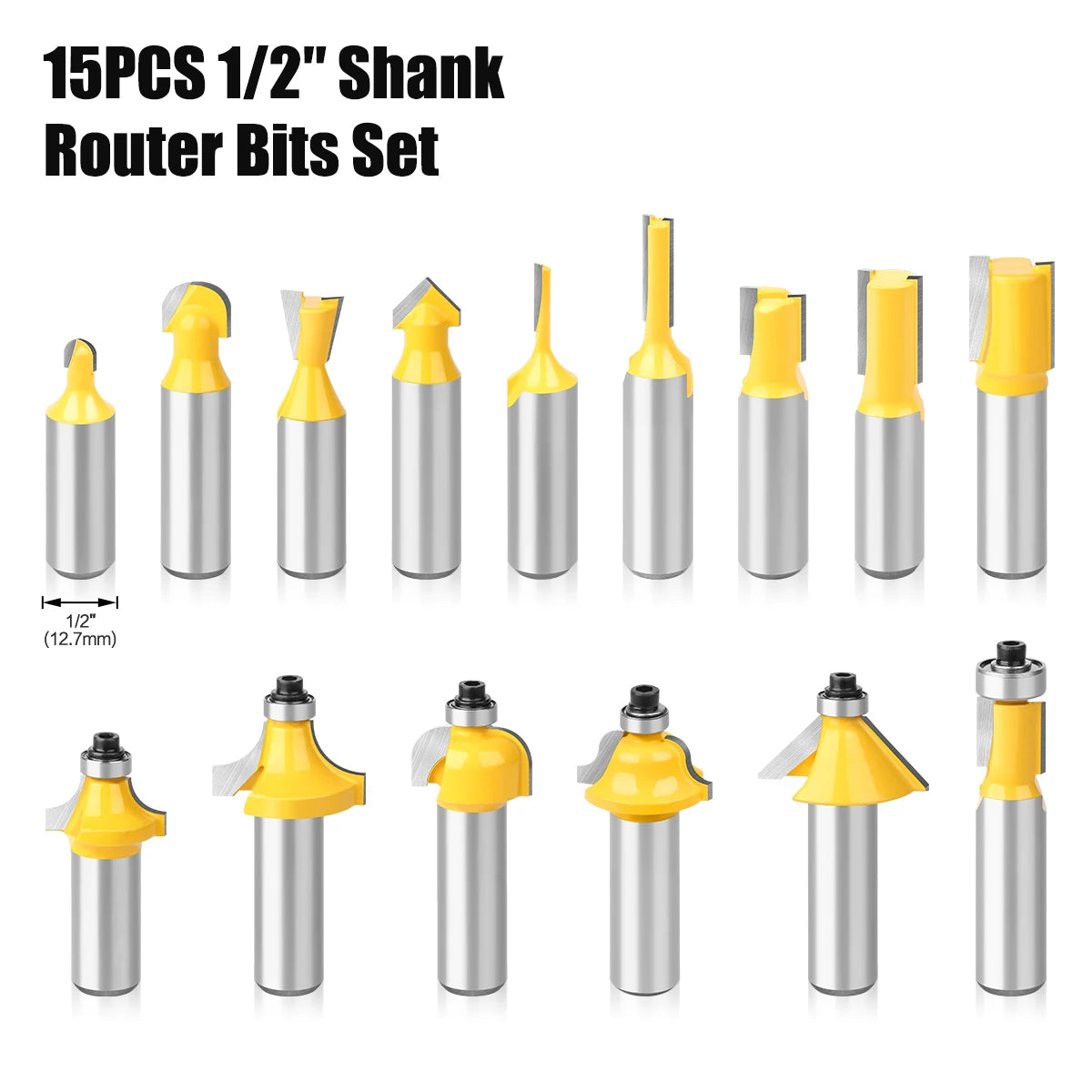 15PCS 1/4in 1/2in 6mm 8mm Shank Router Bit Set Trimming Straight Beading Milling Cutter Carbide Cutting Woodworking Tools
