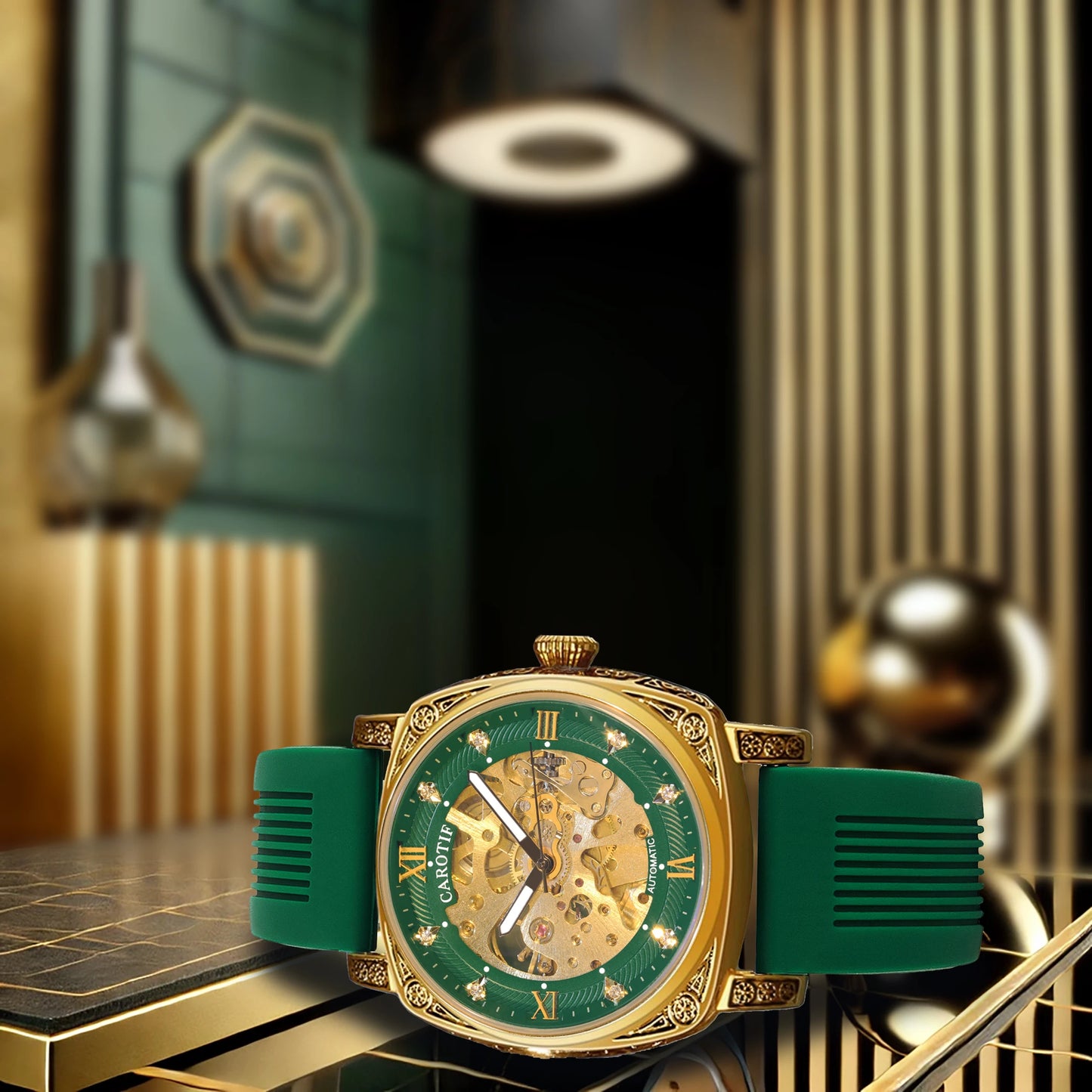 New Men’s Automatic Mechanical Watch – Elegant Gold & Green Strap, Fashionable Style with Night Light & Carved Pattern