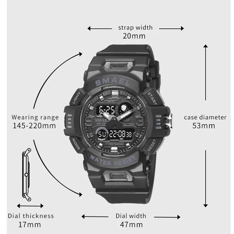 SMAEL8063 Digital Watch LED 50m Waterproof Military Wristwatch Male Clocks Mens Watches Stopwatches Alarm Clock Sport Watches