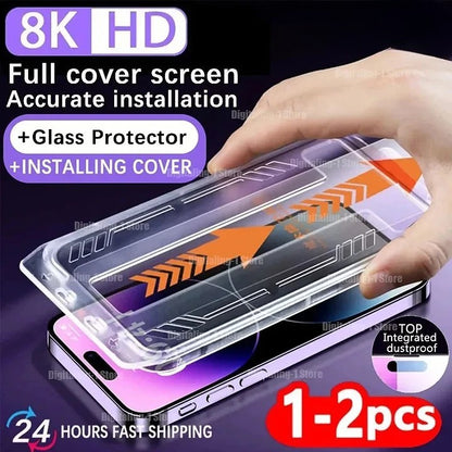 1-2Pc 8K High End Tempered Glass For iPhone, Screen Protector With Alignment Mounting Cover