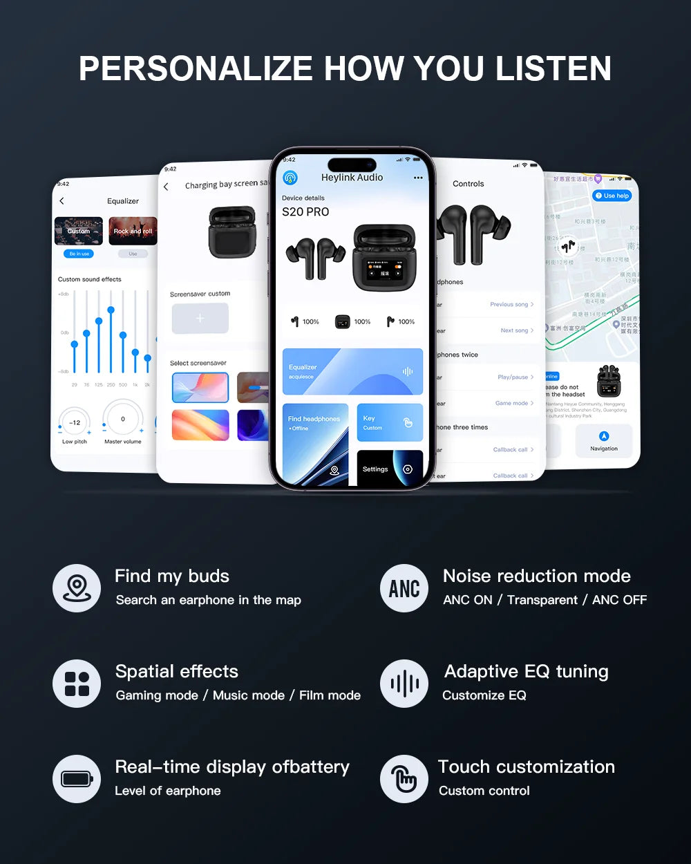 Beatfade S20 PRO Touch Screen ANC Wireless Earbuds – TWS Noise Cancelling with Bluetooth 5.3, App Support, and Long Battery Life