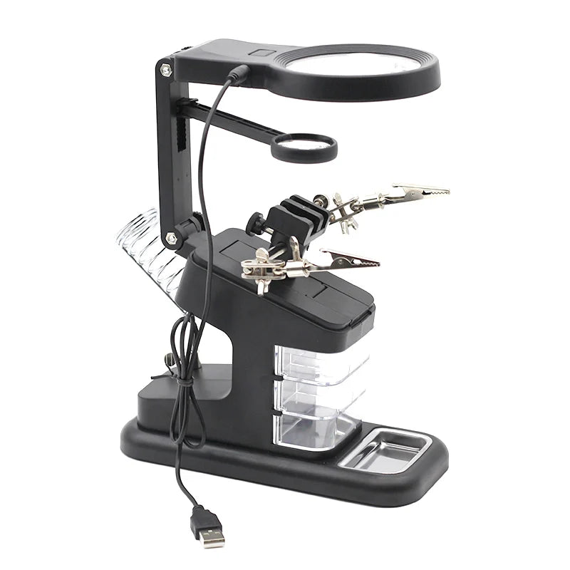 3-in-1 Welding Magnifying Glass with LED Light – Auxiliary Clip Loupe, Soldering Iron Stand & Holder Station