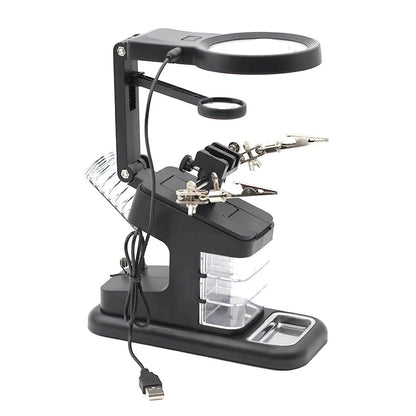 3-in-1 Welding Magnifying Glass with LED Light – Auxiliary Clip Loupe, Soldering Iron Stand & Holder Station