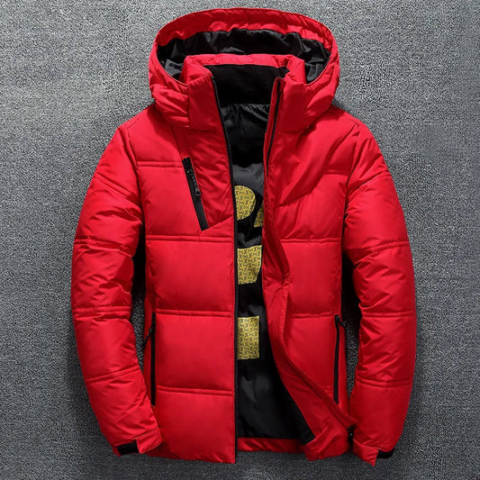 Men's Winter Down Jacket with Hood - Casual Puffer Coat, Thick Stand Collar Parka in White Duck Down for Autumn and Winter