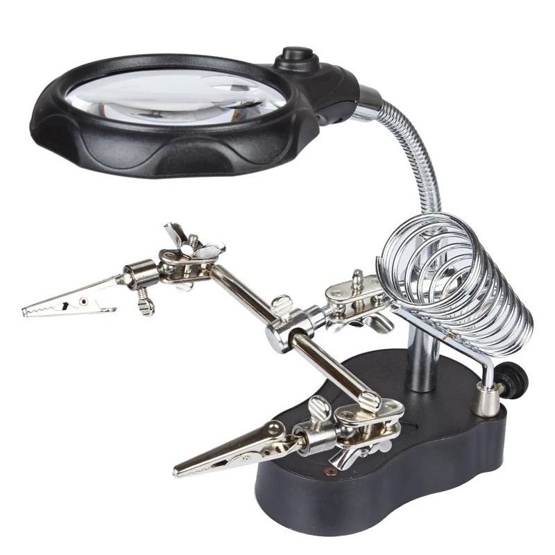 3-in-1 Welding Magnifying Glass with LED Light – Auxiliary Clip Loupe, Soldering Iron Stand & Holder Station